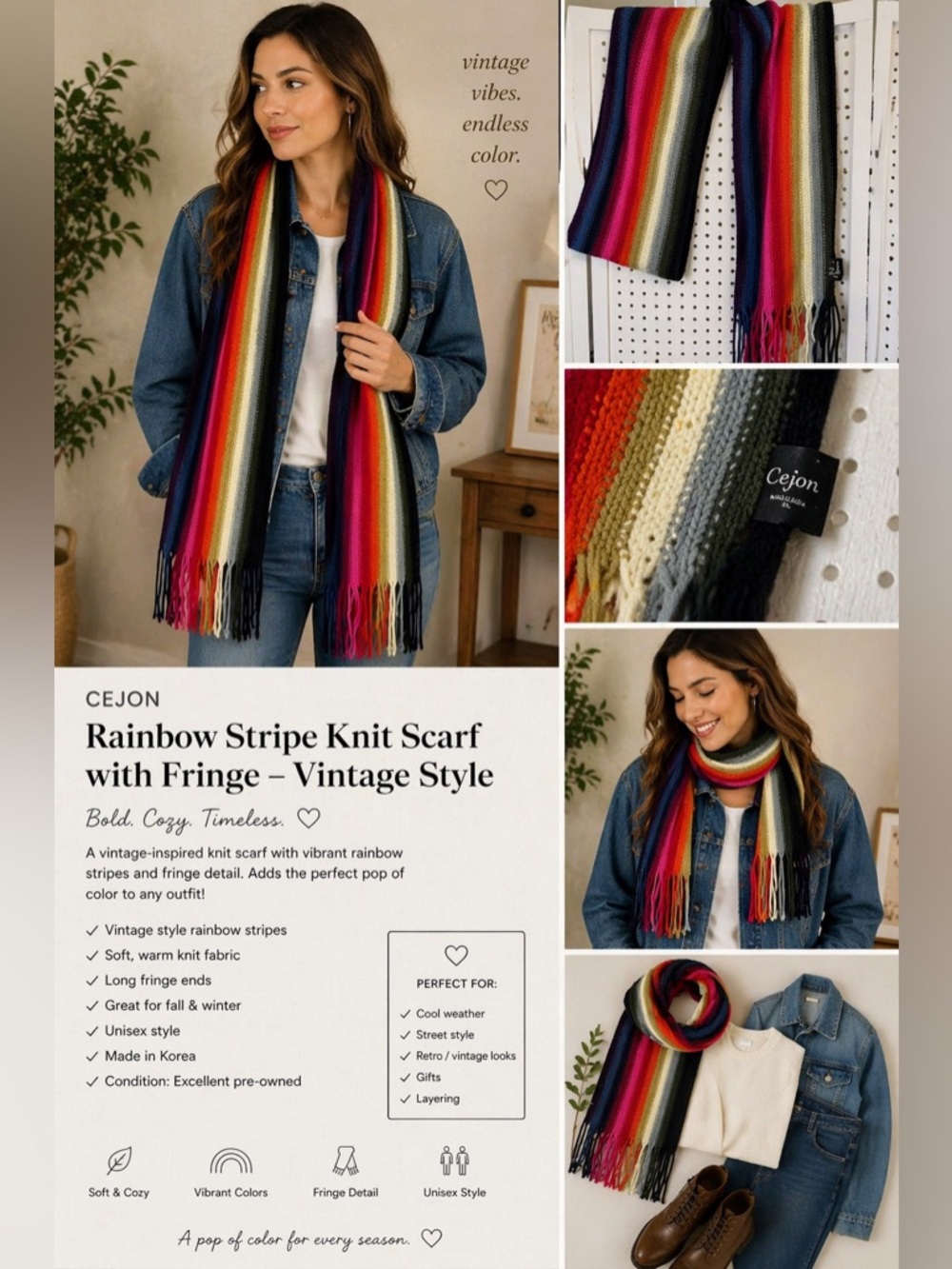 Cejon Rainbow Stripe Knit Scarf with Fringe – Vintage Style